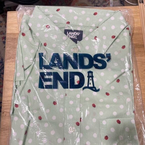 NWOT Lands' End Men's XL Mint Green Polka Dot & Ladybug Short Sleeve Button-Up - Picture 10 of 11